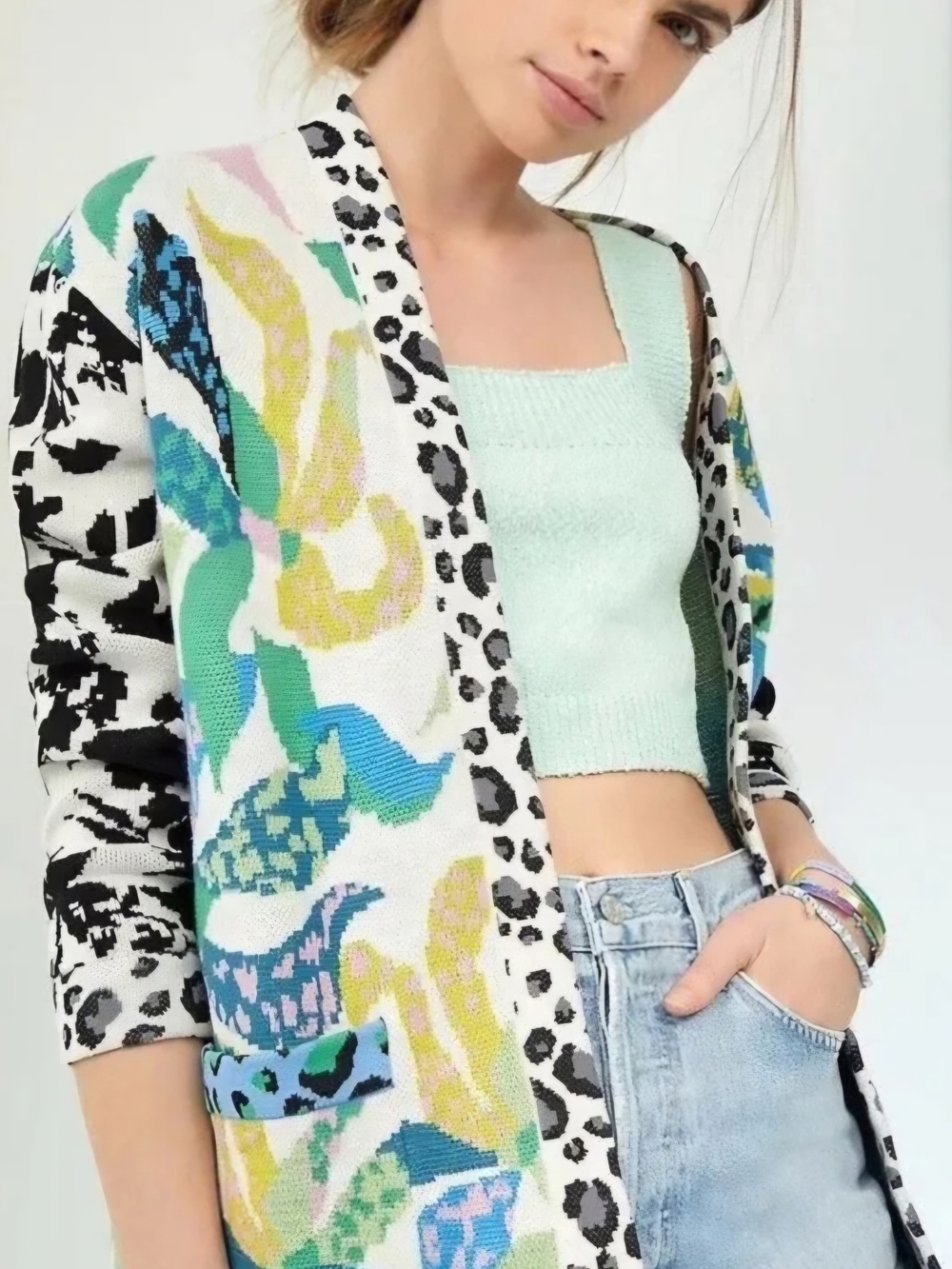 Maeve Mint Green Crop Tank with Multi-Color Patterned Cardigan
